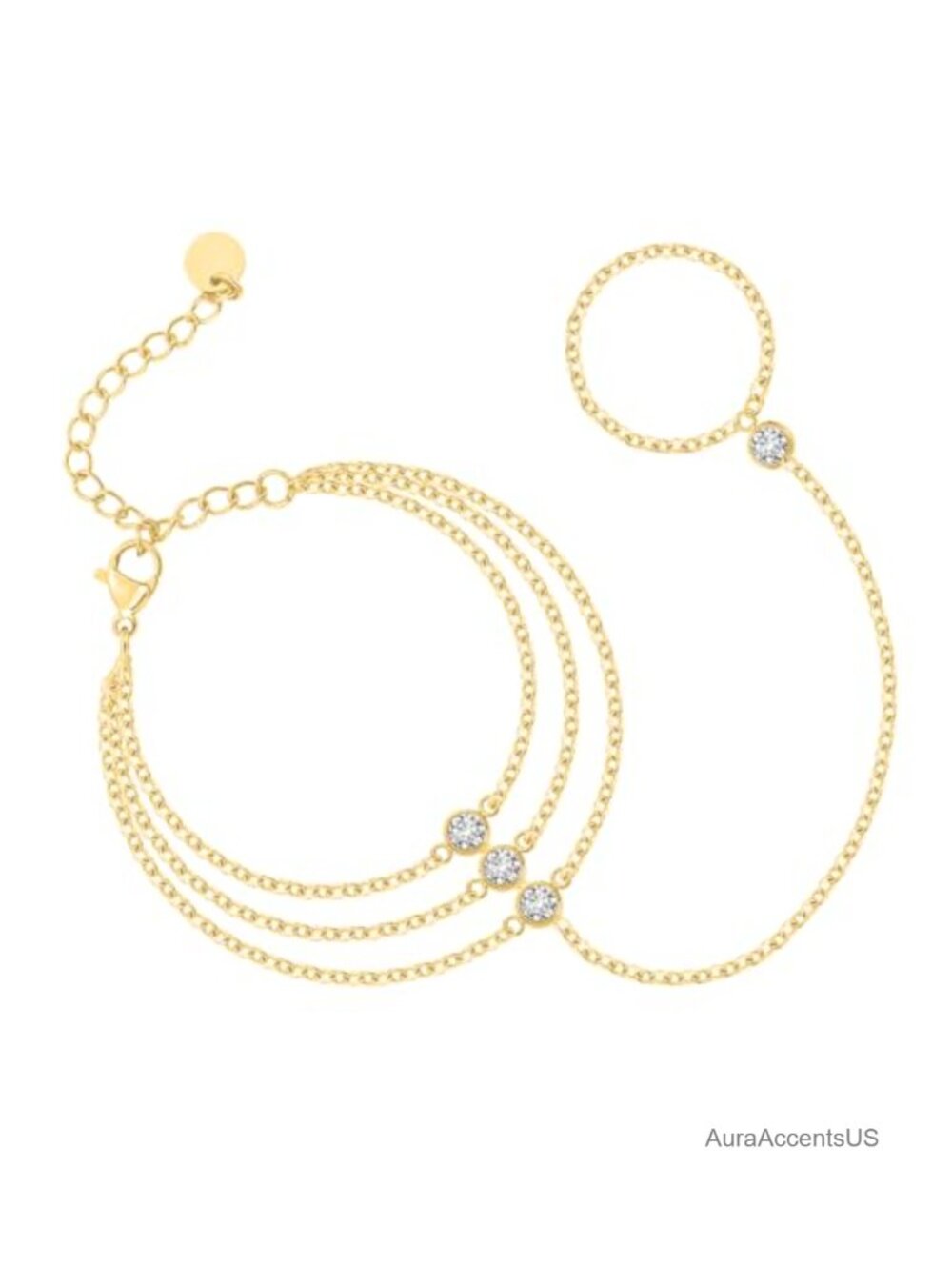 14K Gold Plated Layered Hand Chain Bracelet with Cubic Zirconia, Adjustable